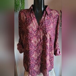 Maurices Burgundy and Tan Floral Print Blouse XXL